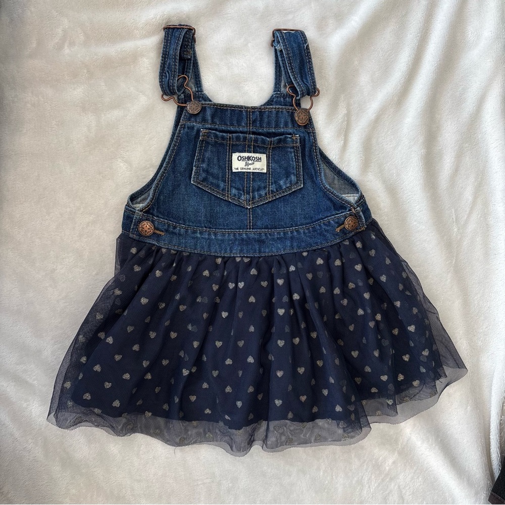 OshKosh Denim & Navy Tulle Heart Overall Dress toddler girl 2T